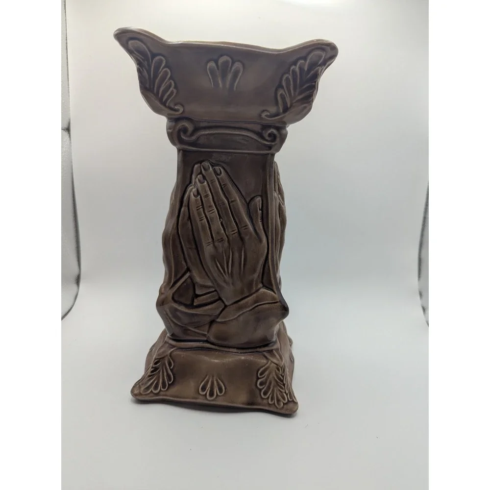 Vintage 1974 Praying Hands Ky Mold Kentucky Pedestal Candle Holder Brown Ceramic